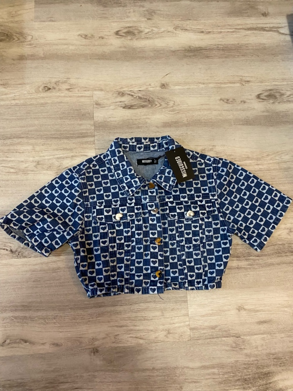 Missguided Blue Heart-Print Cropped Denim Jacket - Picture 5 of 16